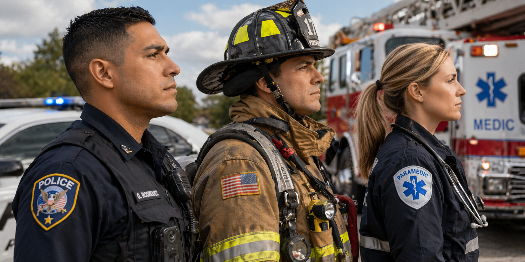 A New Jersey policeman, a firefighter and a female EMT, standing in front of emergency vehicles